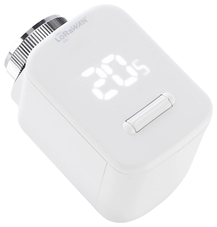 Witte LoRaWAN slimme thermostaatklep met digitaal temperatuurscherm dat 20,5 aangeeft en een kleine handmatige bedieningsknop.
