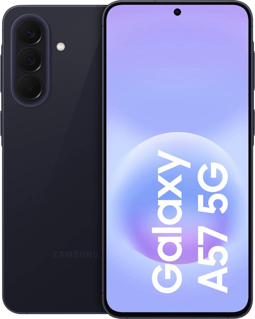 Voor- en achterkant van een Samsung Galaxy A57 5G-smartphone in donkere kleur, met de drievoudige achteruitcamera en frontdisplay met 'Galaxy A57 5G'-tekst.