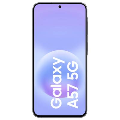 Voorkant van een Samsung Galaxy A57 5G-smartphone met een blauw-tot-paars verloopscherm met het 'Galaxy A57 5G'-logo verticaal weergegeven.