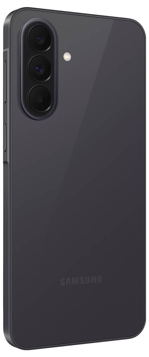 Achterkant van een donkergrijze Samsung-smartphone met een drievoudige achteracamera-module en flitser in de linkerbovenhoek.