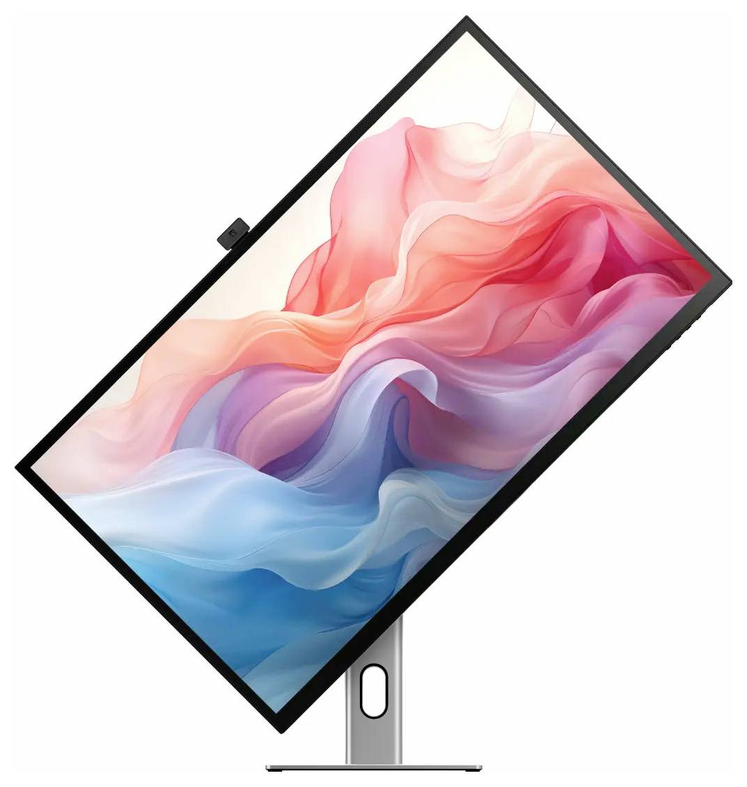 Een computermonitor op een standaard weergegeven, waarbij een kleurrijk abstract behang met roze, paarse en blauwe golven wordt weergegeven.