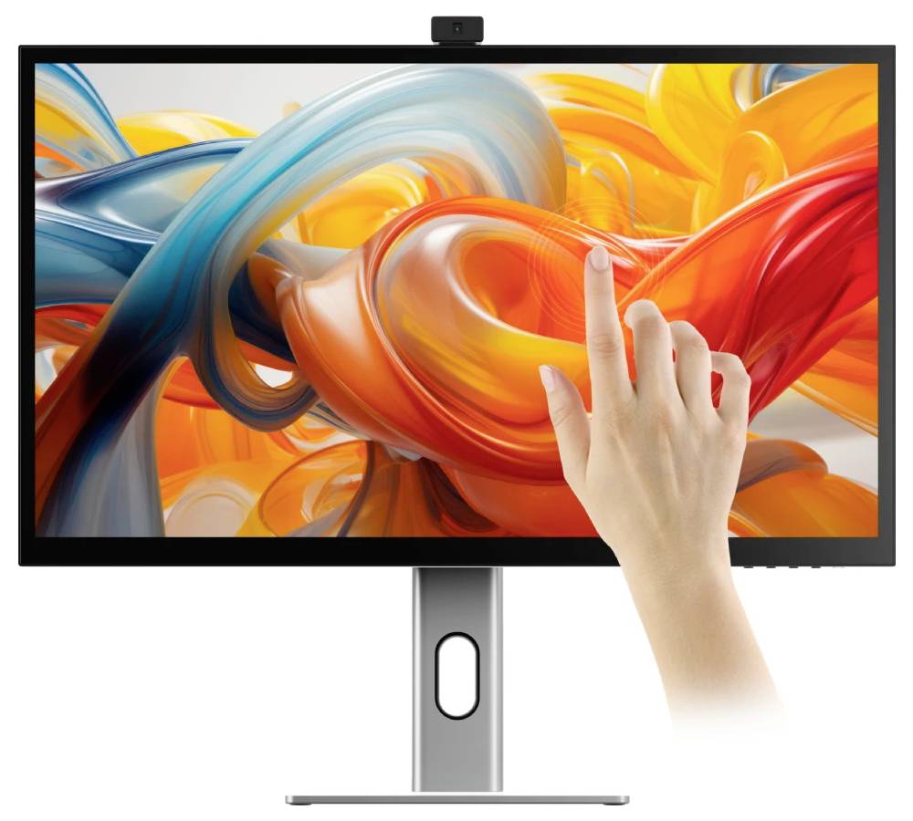 Hand die een monitor aanraakt met kleurrijke abstracte slierten, wat suggereert dat het gaat om een aanraakscherm of interactieve interface.