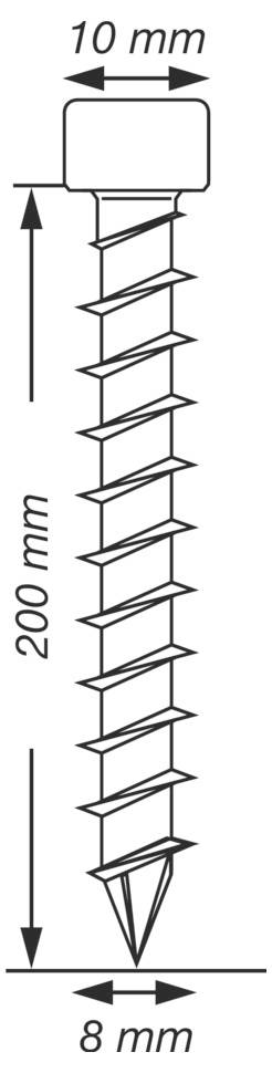 Diagram van een schroef met gelabelde afmetingen: 10 mm breedte aan de bovenkant, 200 mm lengte en 8 mm puntbreedte.