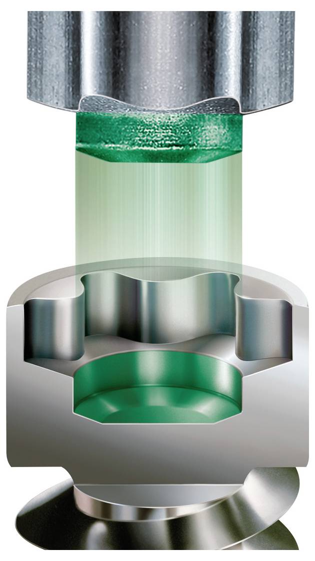 Doorsnede van een metalen klep of hydraulische component met groene vloeistof die door interne kanalen stroomt en een zichtbare afdichting tussen de bovenste en onderste delen.