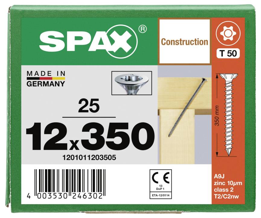 Doos SPAX constructieschroeven, maat 12x350, hoeveelheid 25, gemaakt in Duitsland.