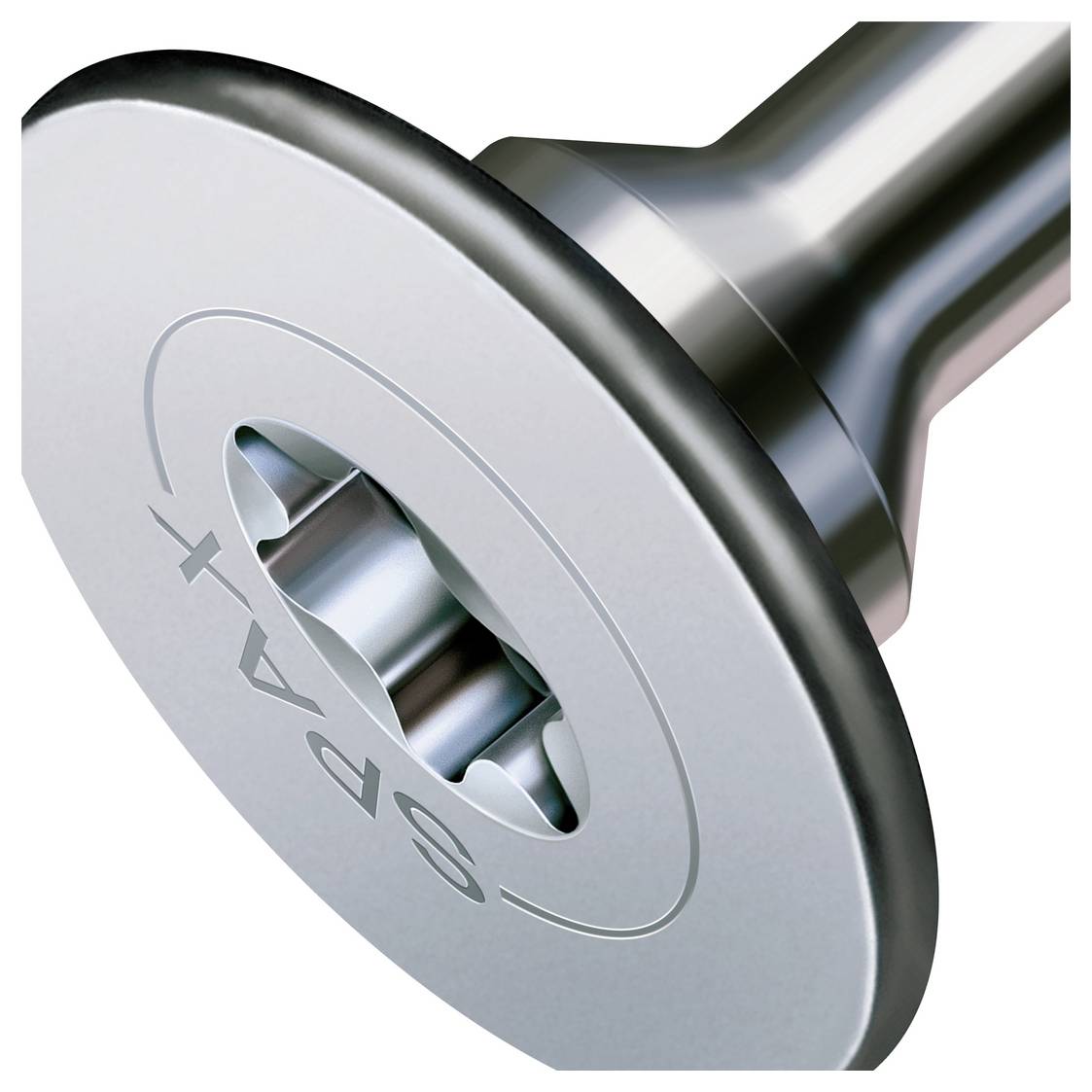 Close-up van een metalen beveiligingsbevestiger of schroef met een manipulatiebestendige, stervormige aandrijfkop en vlakke ronde bovenkant.