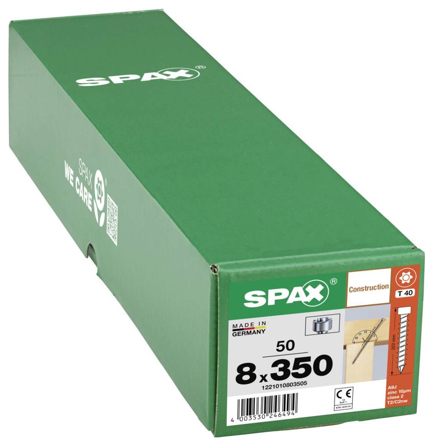 Groene SPAX-doos met constructieschroeven gelabeld 8 x 350, gemaakt in Duitsland, met productdetails en afmetingen op de voorkant.