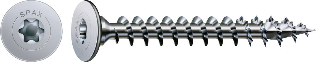 Zilveren SPAX schroef weergegeven in zijaanzicht met bijpassende kopweergave, voorzien van een stersleuven aandrijving en grove spindeldraad met scherpe punt.