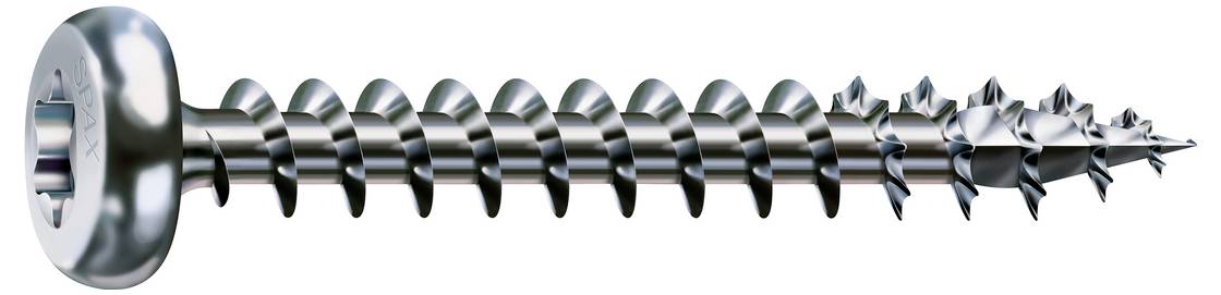 Een glanzende metalen schroef of boor weergegeven horizontaal op een witte achtergrond, met een plat kopje aan de linkerkant en een puntig schroefdraadtip aan de rechterkant.