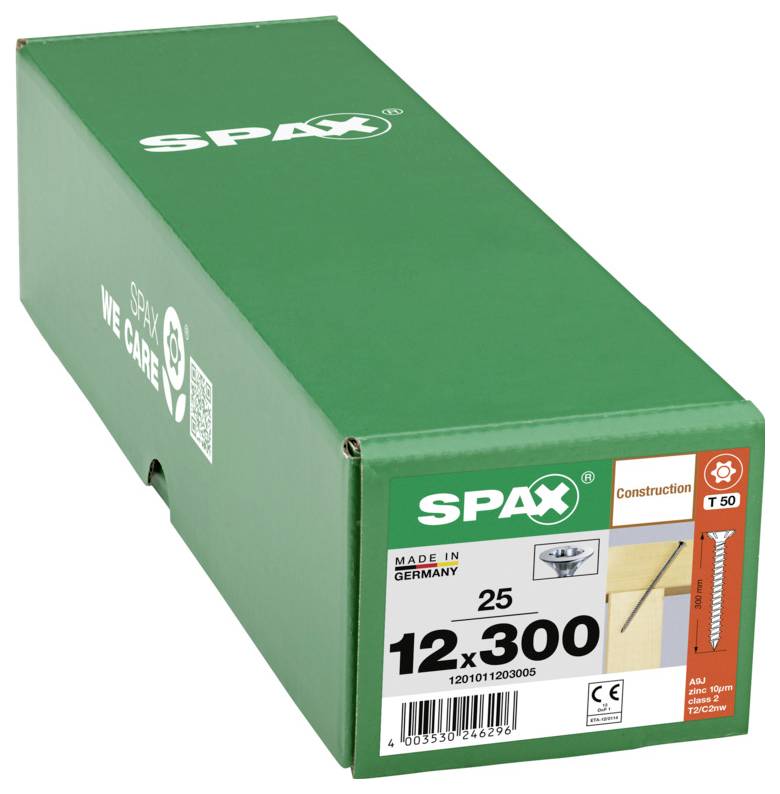 Groene SPAX-doos met 25 zilveren schroeven, gelabeld 12 x 300, gemaakt in Duitsland, met een vooraanzicht van het product en constructiepictogram.