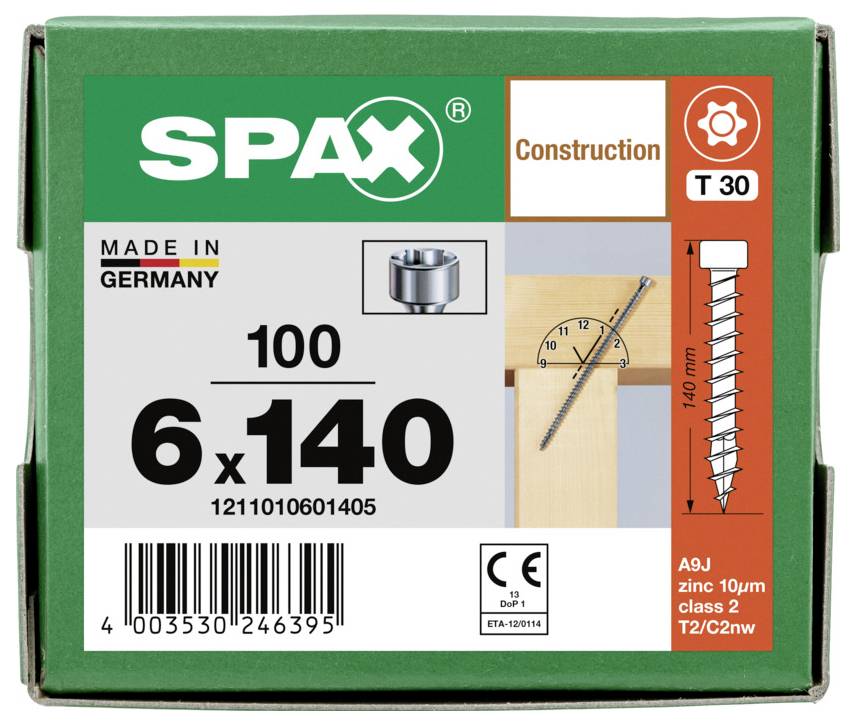Doos met SPAX constructieschroeven, gelabeld '6 x 140', '100', 'Made in Germany', en 'T 30', met een schroefafbeelding en streepjescode.