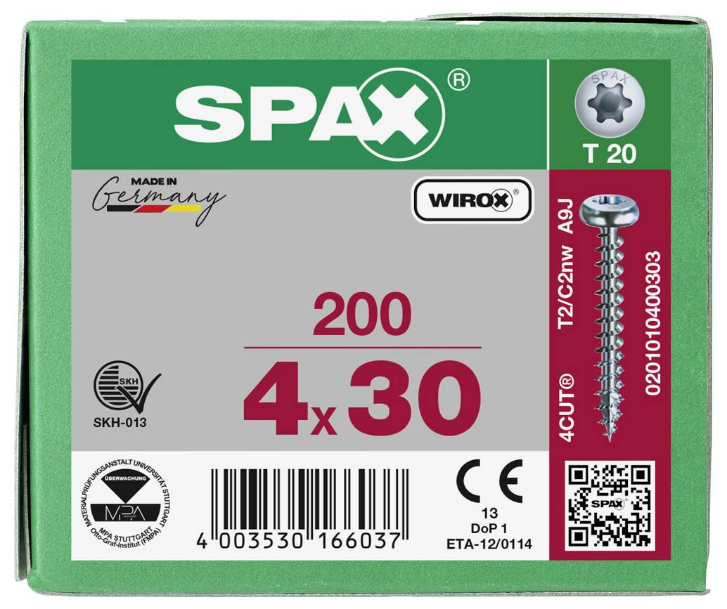 Pakket SPAX WIROX schroeven geëtiketteerd '200' en '4 x 30', met een T20 aandrijfpictogram en één schroef afgebeeld aan de rechterkant.