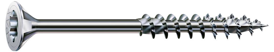Metalen schroef of boor met een plat cirkelvormig kopje en lange schacht, met conische spiraalvormige draden langs de punt.