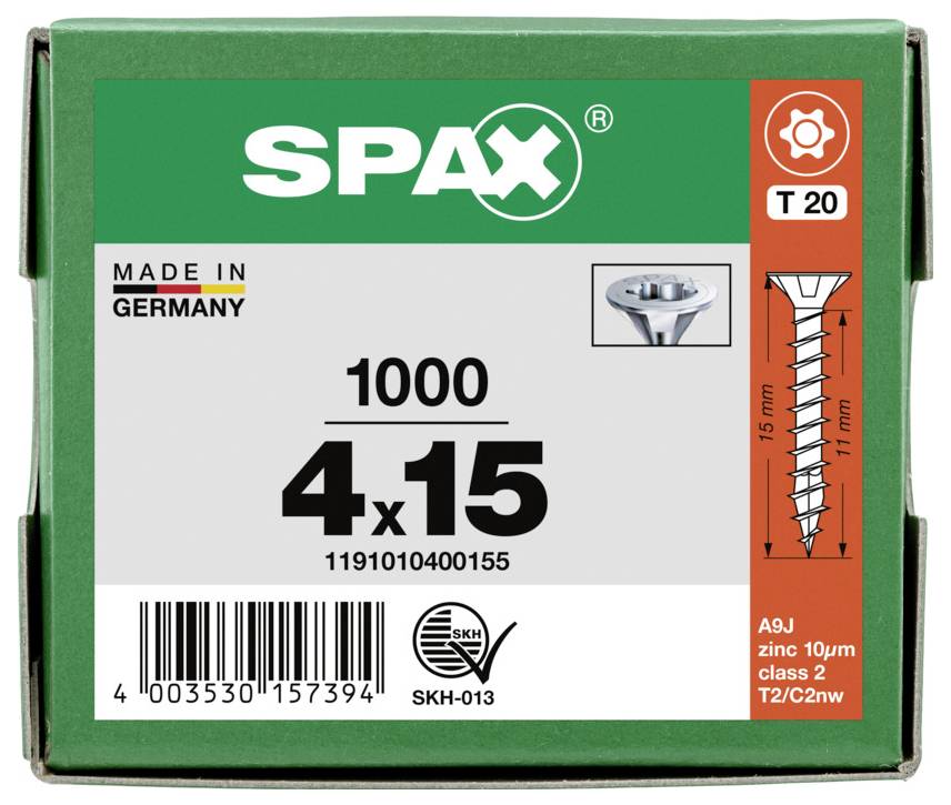 SPAX schroefendoos gelabeld '4x15', hoeveelheid 1000, gemaakt in Duitsland, met T20 aandrijving en schroevendiagram op de voorkant.