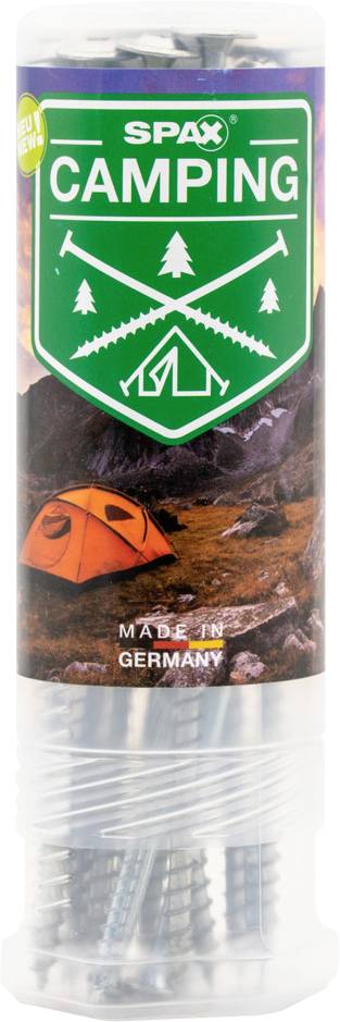 Een 'SPAX Camping' containerlabel met een groen schild logo, gekruiste zagen, tent en bomen, en de tekst 'Made in Germany' boven zichtbare schroeven.