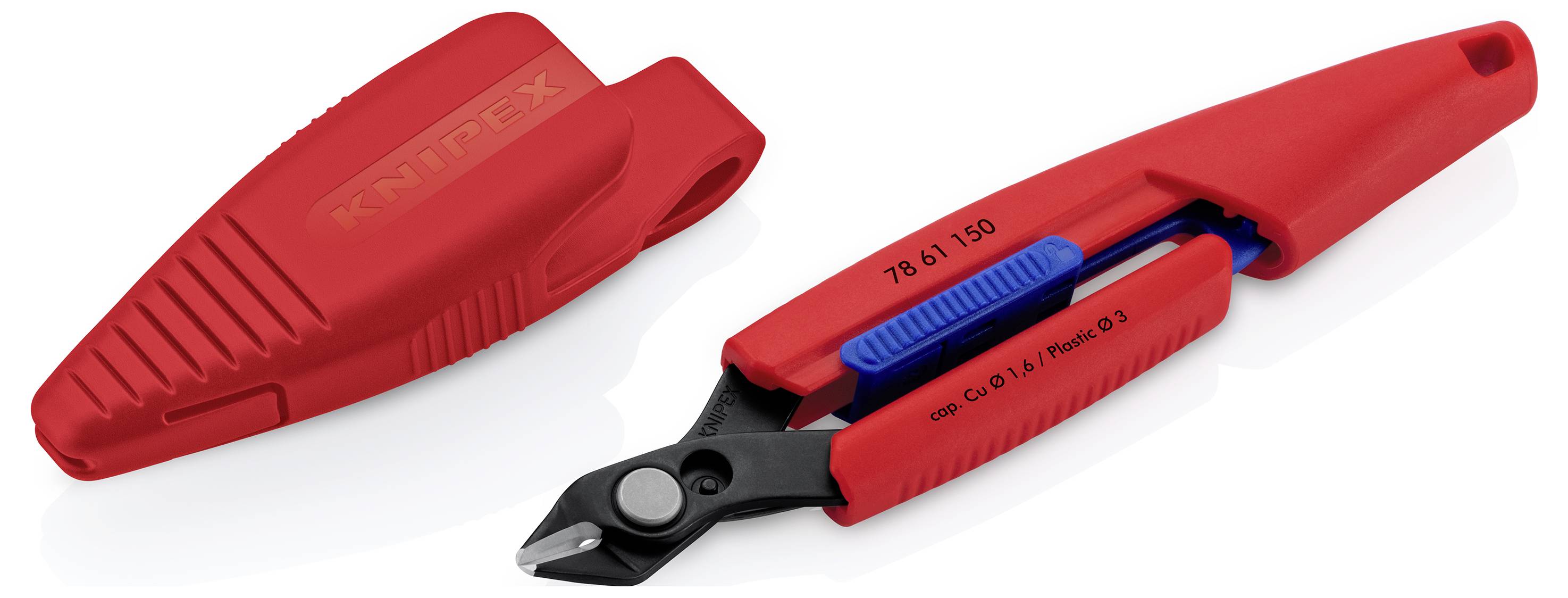 Rode Knipex draadschaar weergegeven gesloten aan de linkerkant en open aan de rechterkant, met zwarte snijbekken en een wit handvatuiteinde.