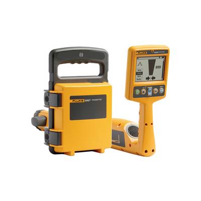 Twee oranje Fluke testinstrumenten op een witte achtergrond: een draagbare zender met handgreep en kabels, en een digitale meter die 999 op het scherm weergeeft.