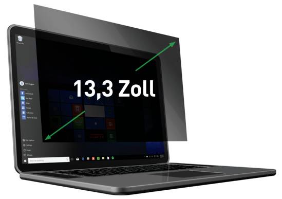 Laptopafbeelding met een 13,3-inch scherm, gelabeld als '13,3 Zoll' met diagonale pijlen die de schermgrootte aangeven.