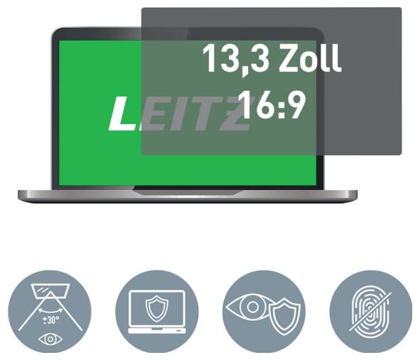 Laptopweergave grafisch met labels '13,3 Zoll' en '16:9' met LEITZ-logo, plus vier functieiconen eronder.