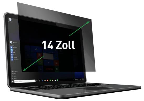 Laptop met een 14-inch scherm, weergegeven met diagonale pijlen en de tekst '14 Zoll' die de schermgrootte aangeeft.