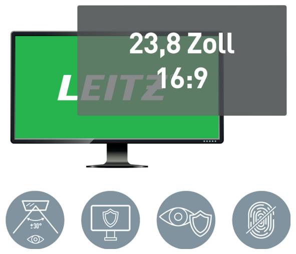23,8-inch 16:9 LEITZ-monitor met pictogrammen voor blondering-vermindering, schermbeveiliging, oogcomfort en vingerafdrukbeveiliging.