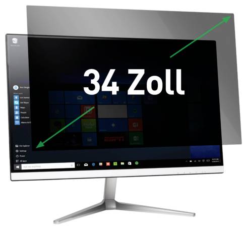 Een ultrawide desktopmonitor gelabeld als '34 Zoll' met pijlen die de grote schermgrootte aangeven.