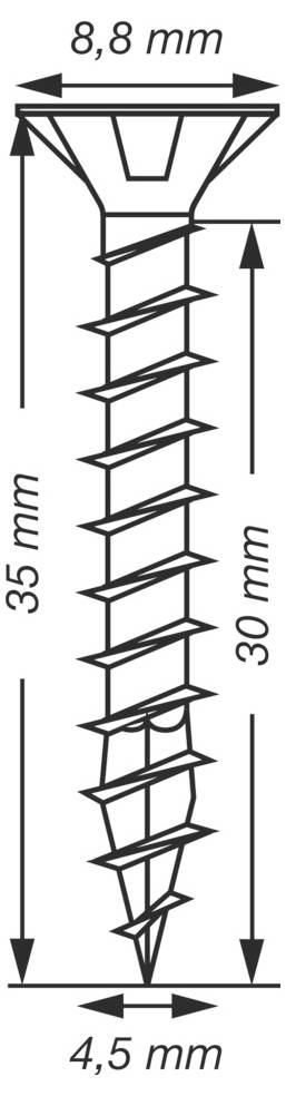 Technische tekening van een schroef met gelabelde afmetingen 8,8 mm breed, 35 mm lang, 30 mm schroefdraadlengte, en 4,5 mm puntbreedte.