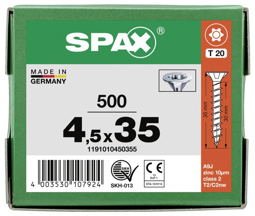 Groene SPAX-schroevendoos gelabeld '8 x 200', 'Construction', 'T 40' en 'Made in Germany'.