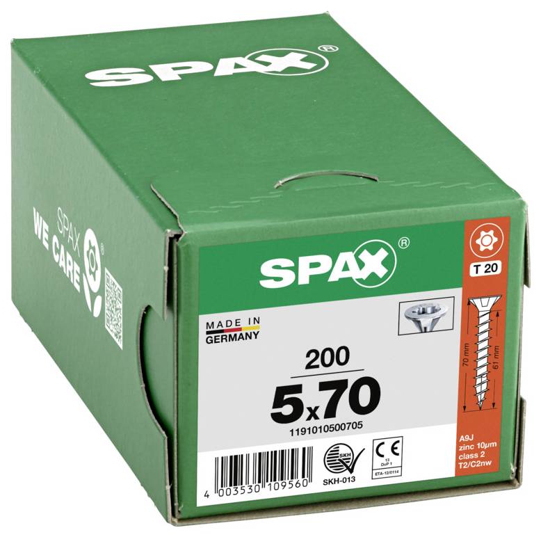 Groene SPAX-schroevenkist gelabeld '5x70' met hoeveelheid '200' en 'Made in Germany' op de voorkant.