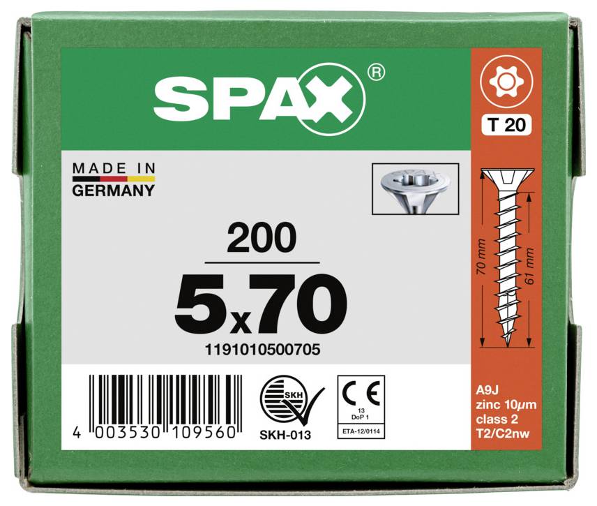 Doos met SPAX T20-schroeven, gelabeld '200' en '5x70', gemaakt in Duitsland, met schroefdiagram en maataanduidingen.