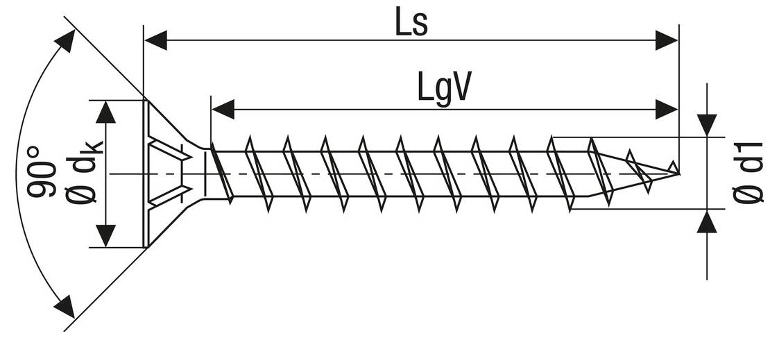 Technische tekening van een schroefbevestiger met zij- en kopweergaven met gelabelde afmetingen: Ls, LgV, dk, d1, en 90° kophoek.