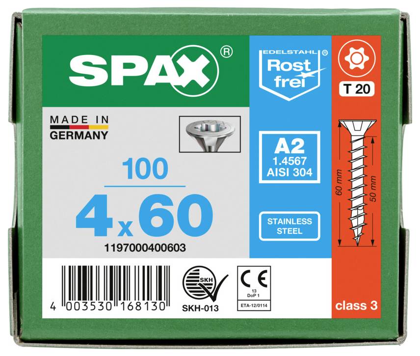 Doos SPAX roestvrijstalen Torx houtschroeven, 4 x 60 mm, 100 stuks, gemaakt in Duitsland, klasse 3.