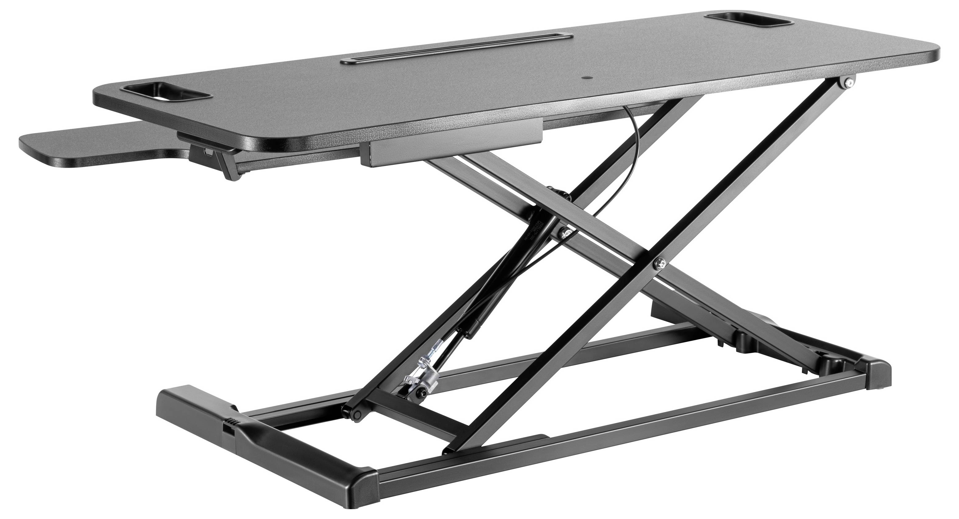 Zwart verstelbare schaartafelhefplatform met rechthoekig blad en metalen frame, geïsoleerd tegen witte achtergrond weergegeven.