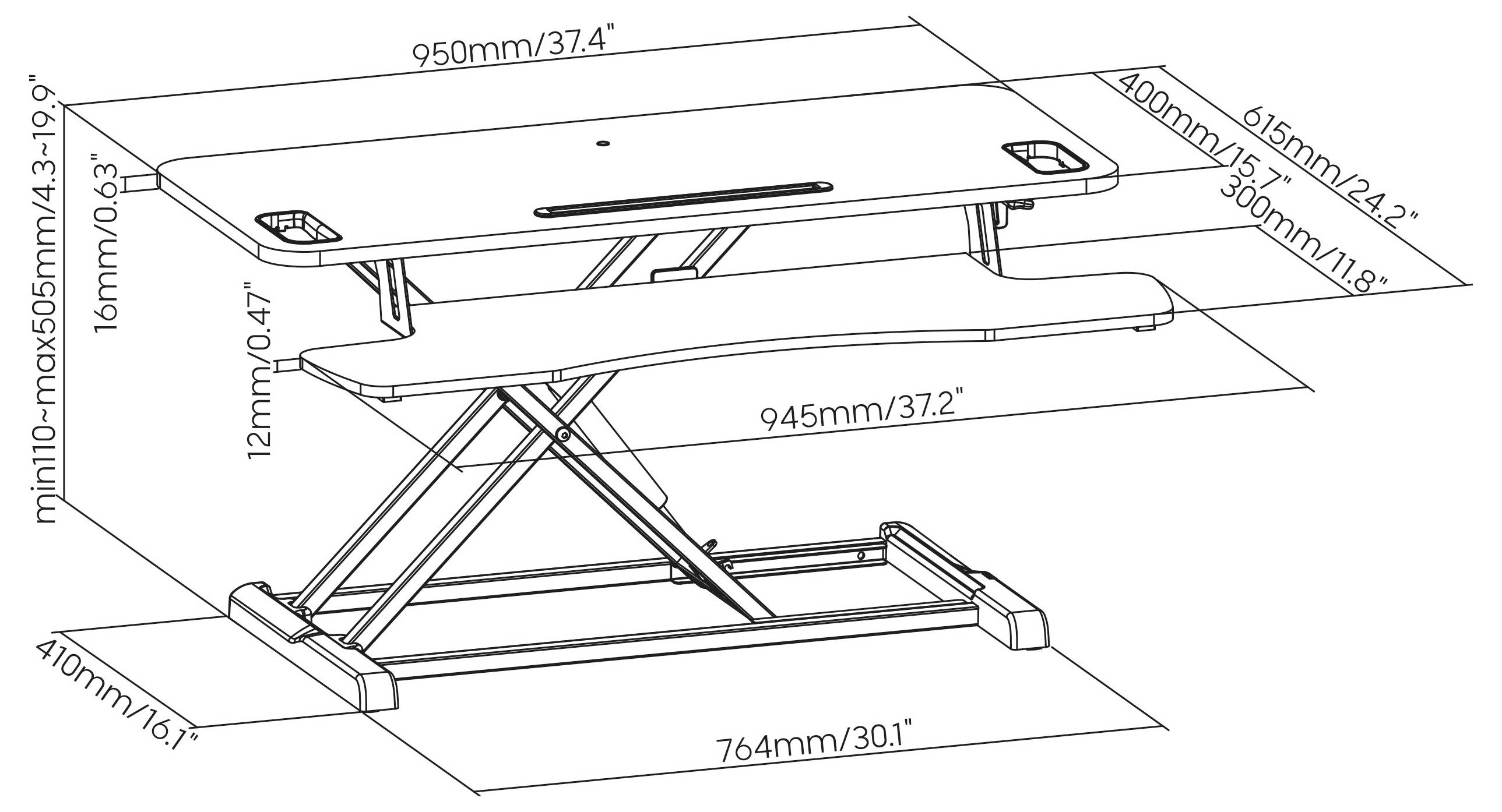 Dimensionaal diagram van een in hoogte verstelbare sta-bureau converter, met zijkanten bovenaanzicht met afmetingen in millimeters en inches.