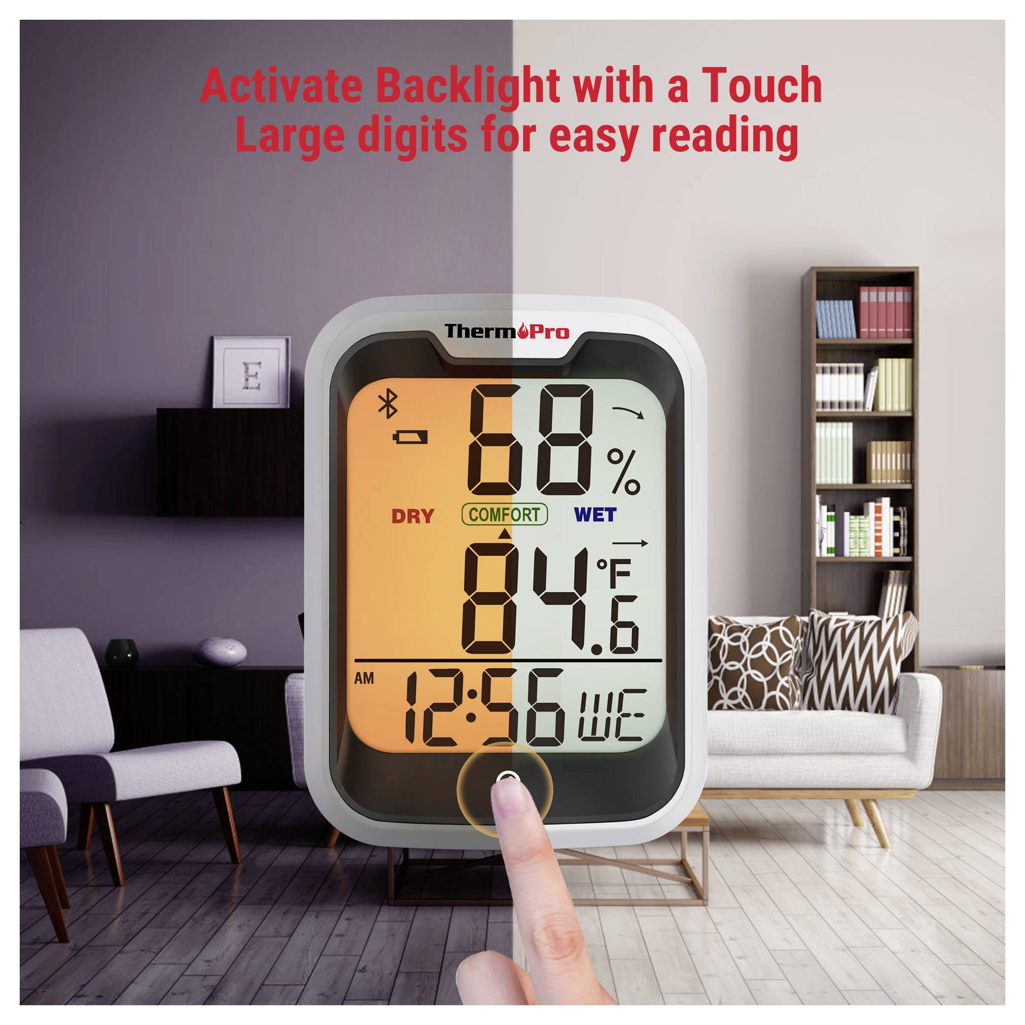 ThermoPro digitale thermometer-hygrometer wordt aangetikt om de achtergrondverlichting te activeren, met 68% luchtvochtigheid, 84,6°F en 12:56, met tekst 'Achtergrondverlichting activeren met een aanraking' en 'Grote cijfers voor gemakkelijk lezen'.