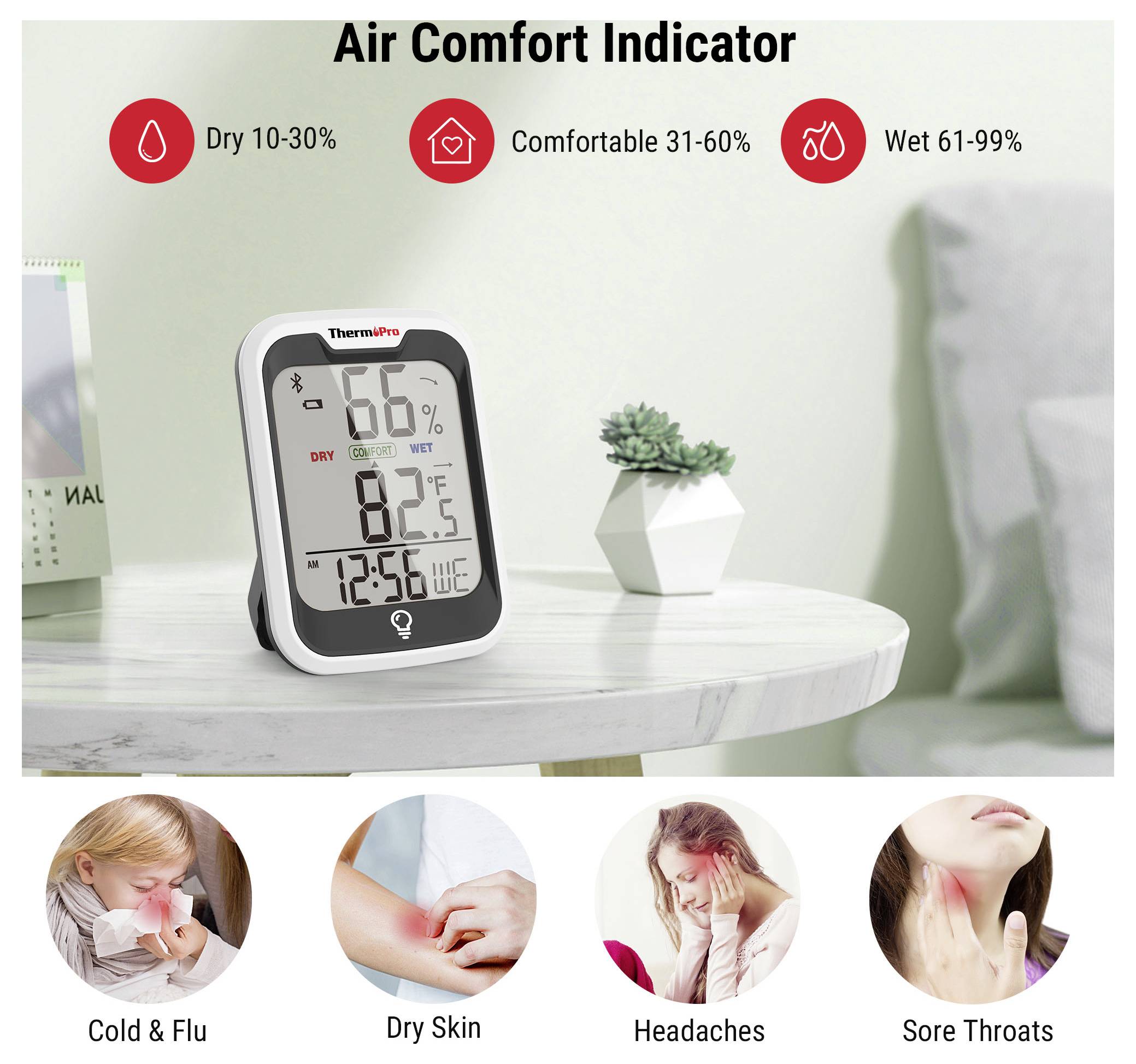 Air Comfort Indicator met vochtigheidsbereiken: droog 10-30%, comfortabel 31-60%, vochtig 61-99%, met een digitale thermometer/hygrometer en symptomen zoals verkoudheid, droge huid, hoofdpijnen en keelpijn.