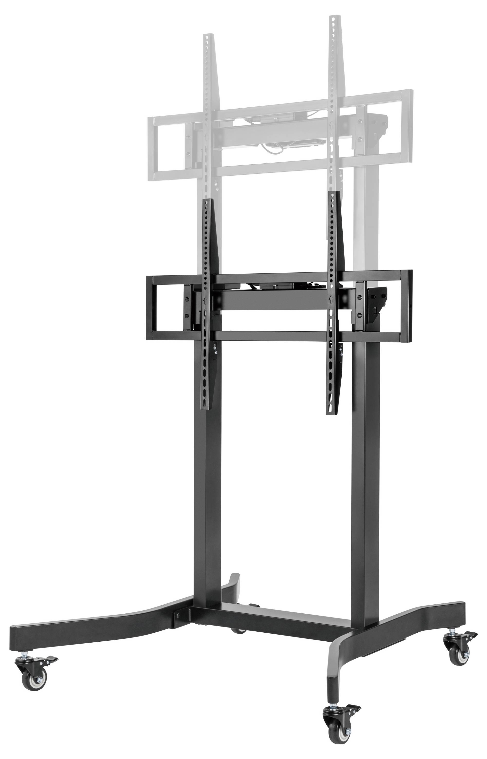 Mobiele tv-standaard op wielen met verstelbaar montageframe en verticale steunpalen, getoond tegen een witte achtergrond.