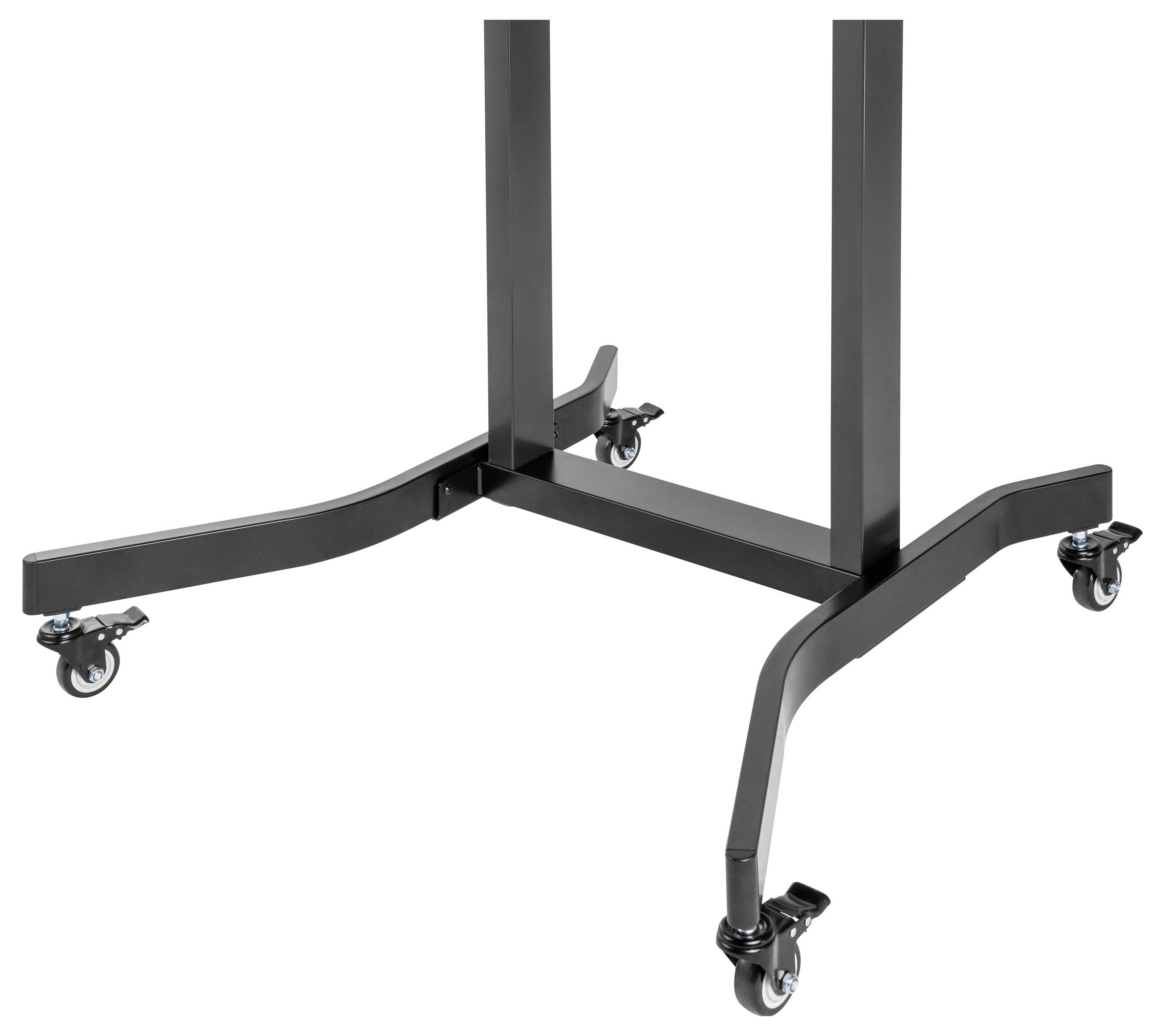 Zwart metalen rolbasisbak met vier wielen en twee verticale steunpalen op een witte achtergrond.