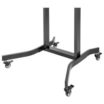 Zwart metalen rolbasisbak met vier wielen en twee verticale steunpalen op een witte achtergrond.