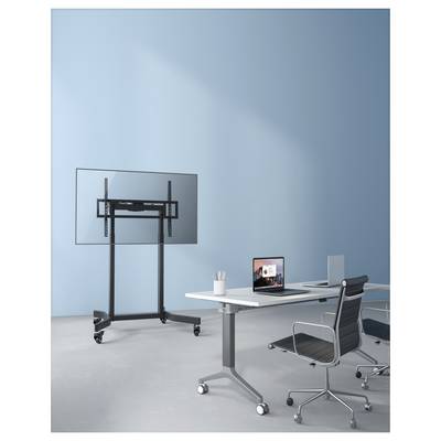 Modern kantoor met een groot televisiestandaard met wielen, een bureau met laptop en monitor, en twee kantoorstoelen tegen een lichtblauwe muur.