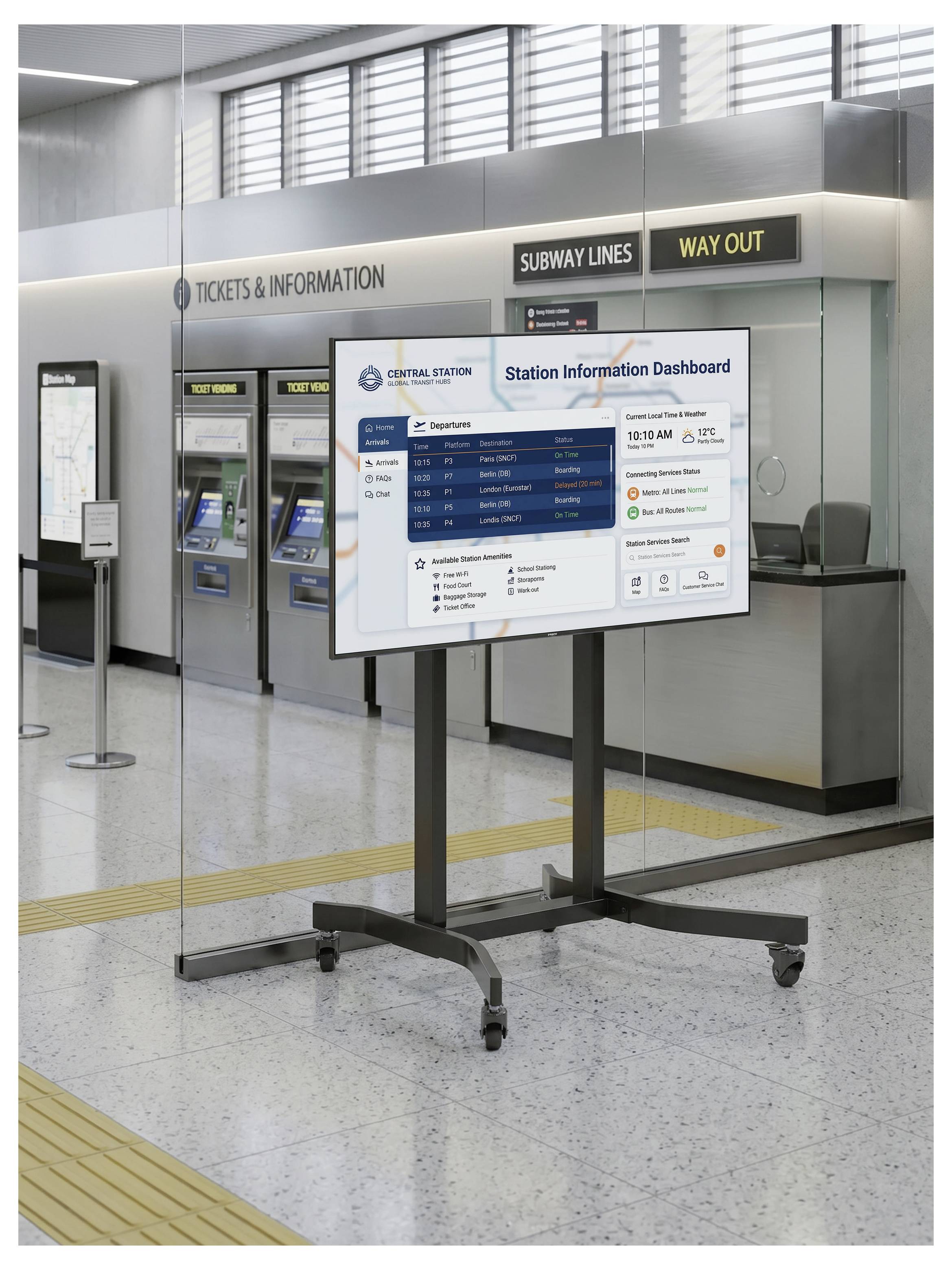 Digitaal stationsinformatiebord op een verrijdbaar onderstel in een metrostation, met vertrekken en serviceupdates weergegeven in de buurt van borden met 'Kaartjes & Informatie' en 'Uitgang' aanwijzingen.