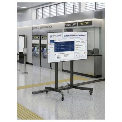 Digitaal stationsinformatiebord op een verrijdbaar onderstel in een metrostation, met vertrekken en serviceupdates weergegeven in de buurt van borden met 'Kaartjes & Informatie' en 'Uitgang' aanwijzingen.