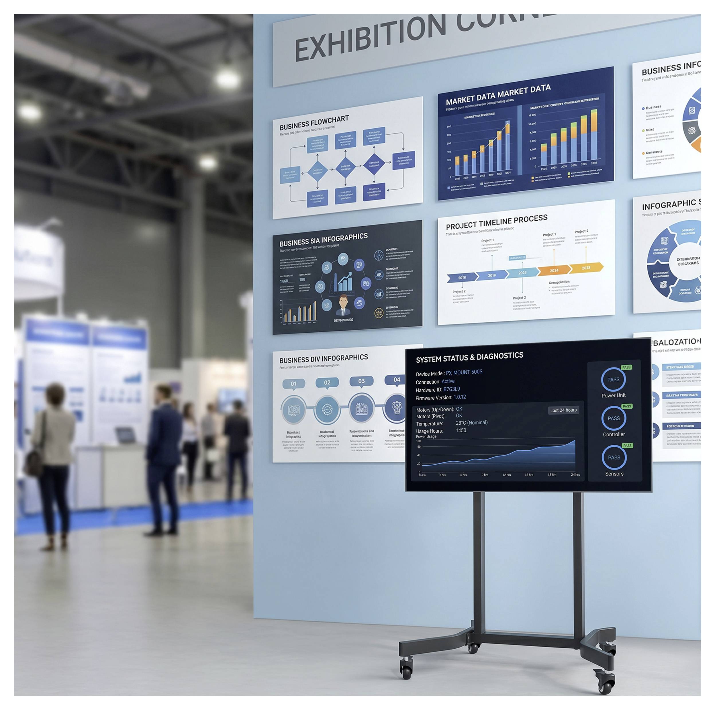 Tentoonstelling standkraam met meerdere zakelijke infographics en grafieken op een aan de muur bevestigd bord, plus een monitor die een "SYSTEEMSTATUS & DIAGNOSTIEK" dashboard op een standaard toont.