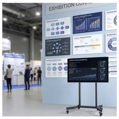 Tentoonstelling standkraam met meerdere zakelijke infographics en grafieken op een aan de muur bevestigd bord, plus een monitor die een "SYSTEEMSTATUS & DIAGNOSTIEK" dashboard op een standaard toont.