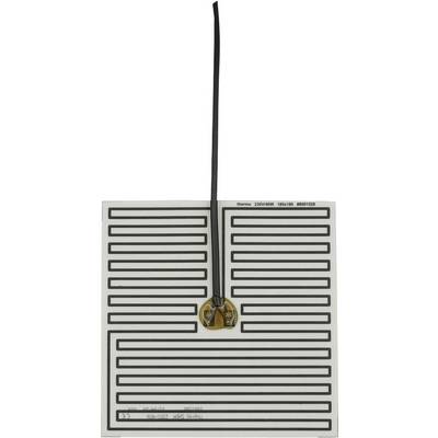 Dunne zwarte kabel verbonden met een rechthoekige flexibele verwarmings- of sensorkussen met een slangenlinig traceerpatroon en gouden connector in het midden.