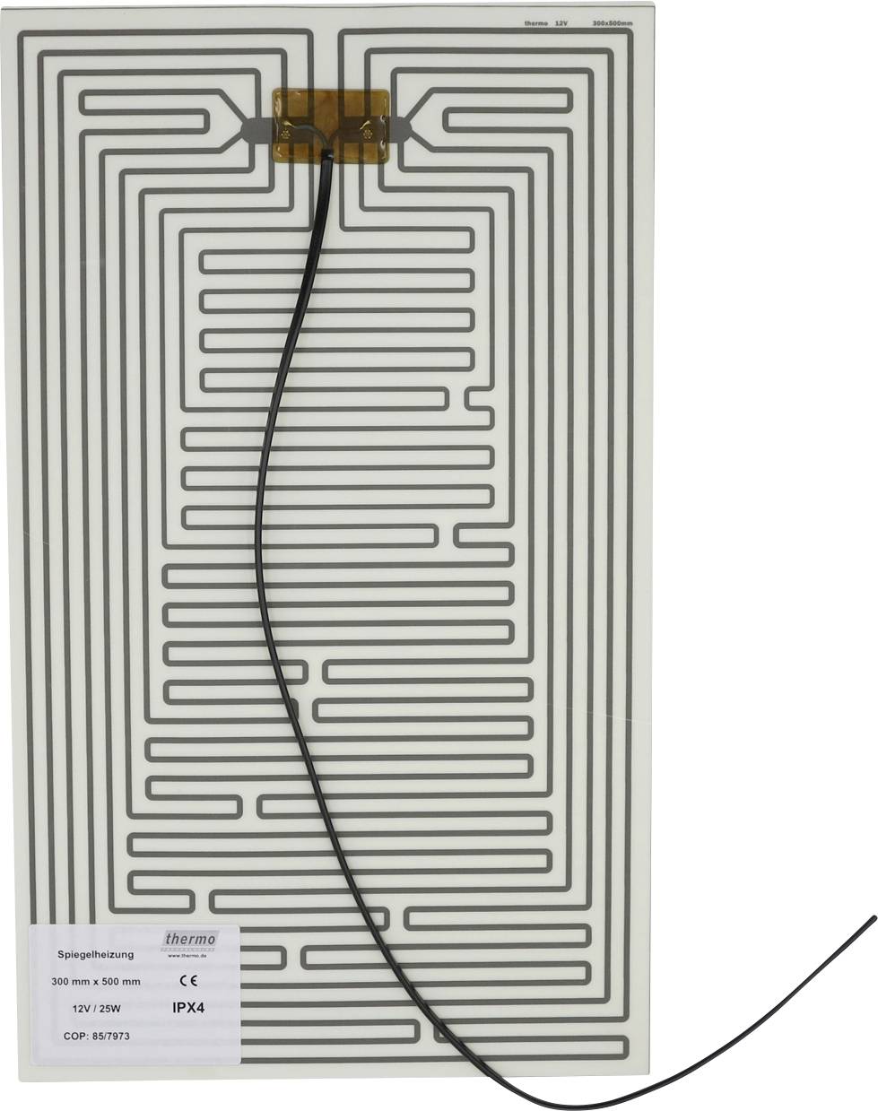 Rechthoekige elektrische verwarmingsmat met een serpentinevorming verwarmingspatroon en bijbehorende voedingskabel, weergegeven op een witte achtergrond.