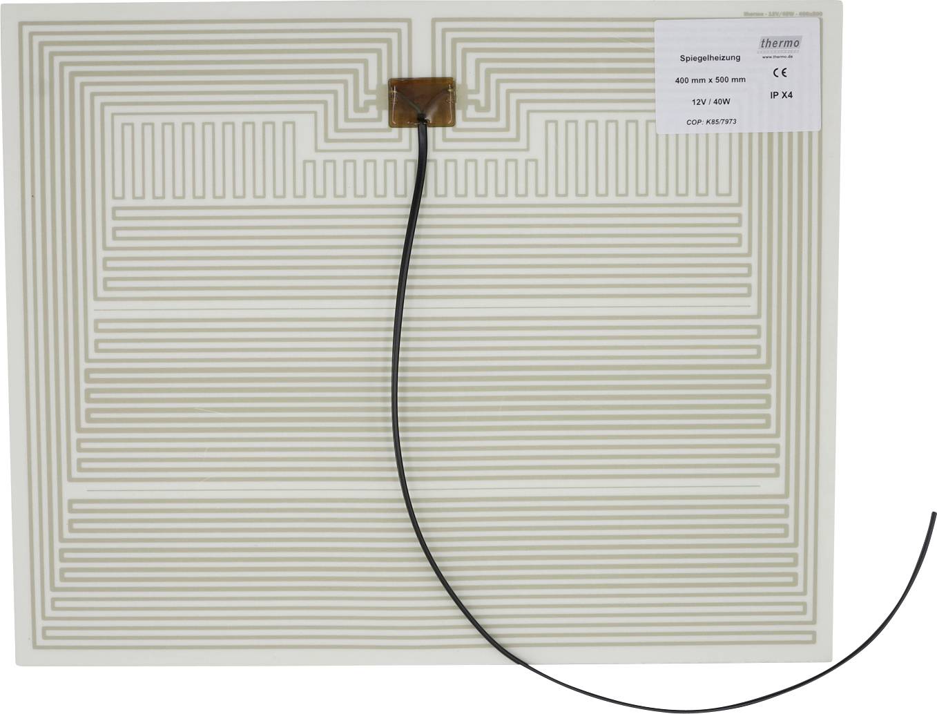 Vierkante verwarmde mat met een opgerolde serpentijnevormige draadpatroon en een aangesloten zwarte voedingskabel; label in de rechterbovenhoek leest "thermo" en "IPX4".