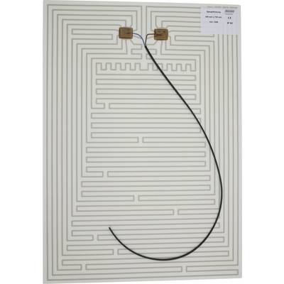 Achterzijde van een rechthoekig paneel met een doolhofachtig geleidend patroon en een zwarte kabel bevestigd aan de bovenkant, waarschijnlijk een verwarmings- of antenne-element.