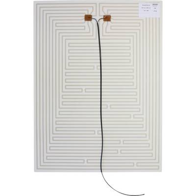 Een rechthoekig doolhofachtig printplaatantenna-patroon op een vel, met twee koperen connectoren aan de bovenkant verbonden door zwarte draden.