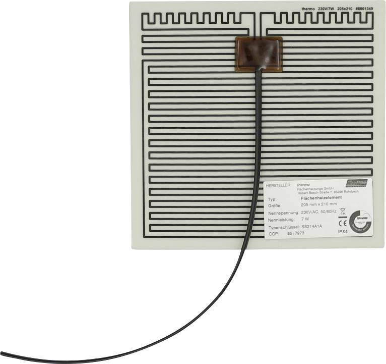 Vierkante elektrische verwarmingselementmat met zwart netsnoer en etiket, weergegeven op een witte achtergrond.